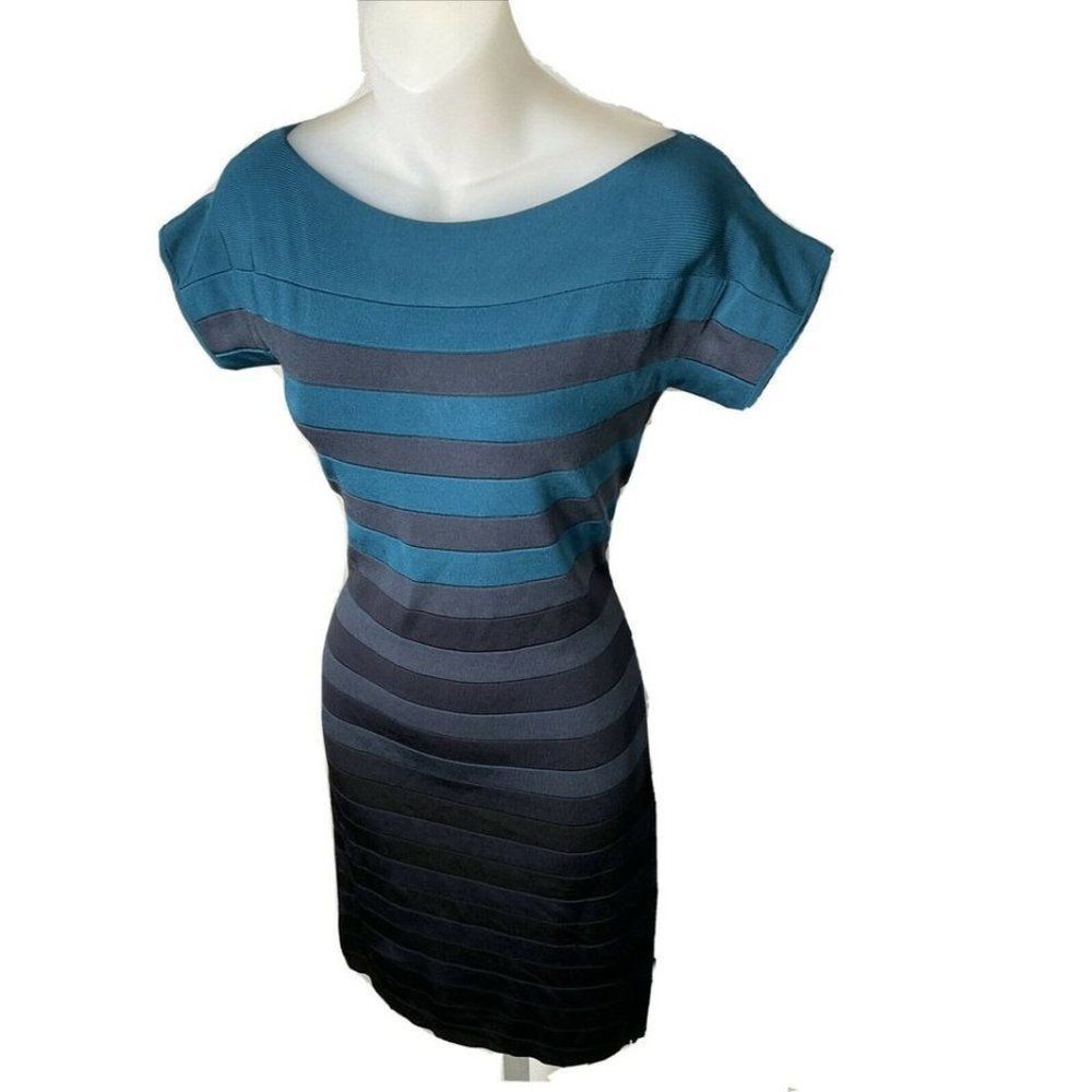 French Connection Teal and Gray Striped Boatneck Midi Dress